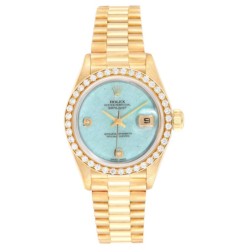 Rolex President Datejust Yellow Gold Blue Jadeite Diamond Ladies Watch 69138 SwissWatchExpo