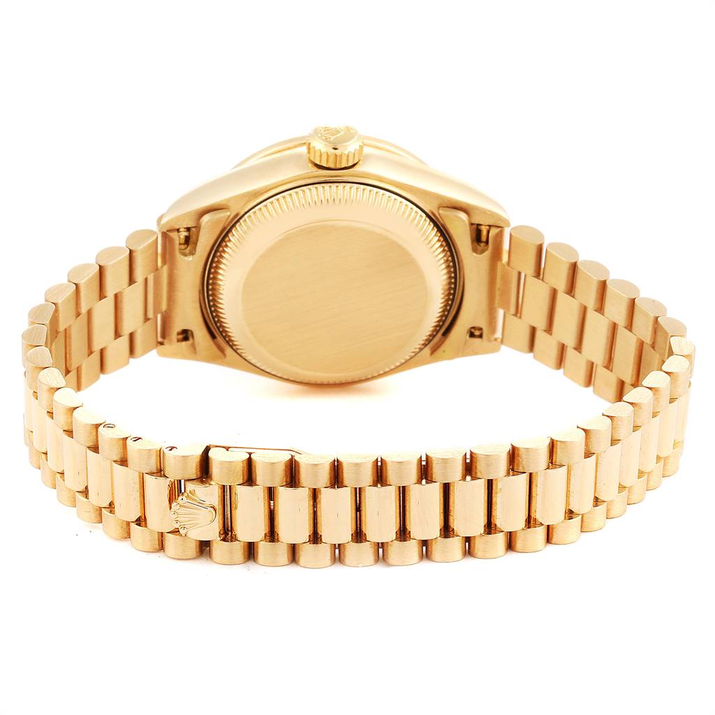 This image shows the back view of the Rolex President 69138 Women's Yellow Gold Blue Dial 69138 Women's Yellow Gold Blue Dial model watch, focusing on the case back and bracelet.