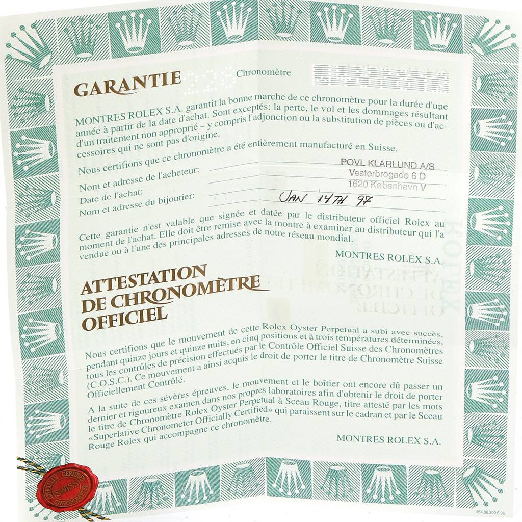 This image shows a warranty certificate for the Rolex President 69178 Women
s Yellow Gold Champagne Dial 69178 Women
s Yellow Gold Champagne Dial model watch, highlighting official chronometer attestation.