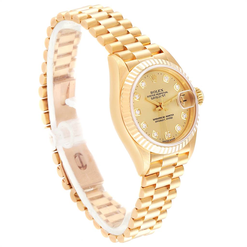 This image shows a side angle view of the Rolex President 69178 Women
s Yellow Gold Champagne Dial 69178 Women
s Yellow Gold Champagne Dial model watch, highlighting the bracelet, case, dial, and fluted bezel.