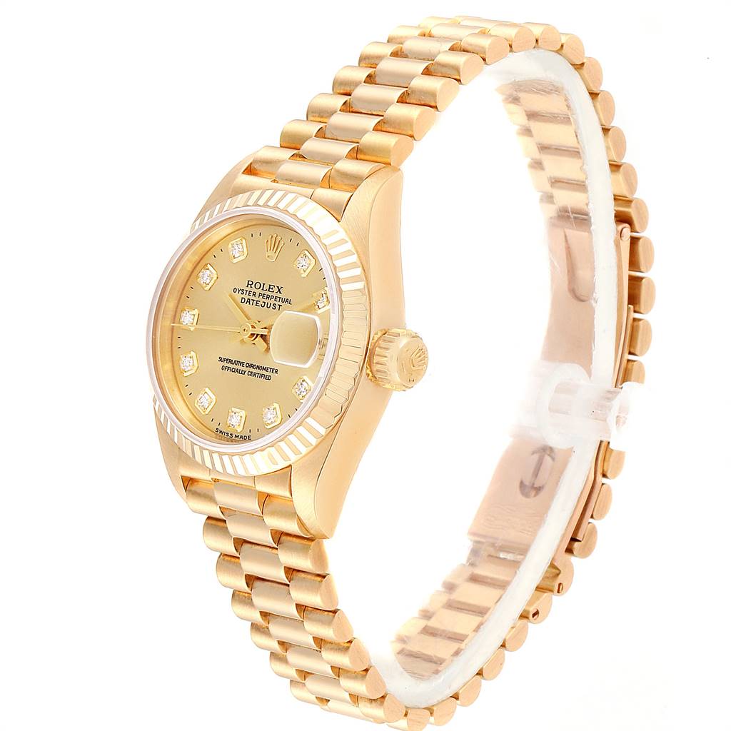 The image shows a side angle of the Rolex President 69178 Women
s Yellow Gold Champagne Dial 69178 Women
s Yellow Gold Champagne Dial model watch, displaying its gold band, bezel, crown, and dial with diamond markers.