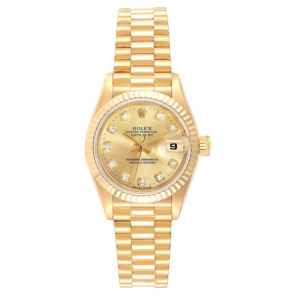 The image shows a front view of the Rolex President 69178 Women
s Yellow Gold Champagne Dial 69178 Women
s Yellow Gold Champagne Dial model, including the dial, bezel, and bracelet.