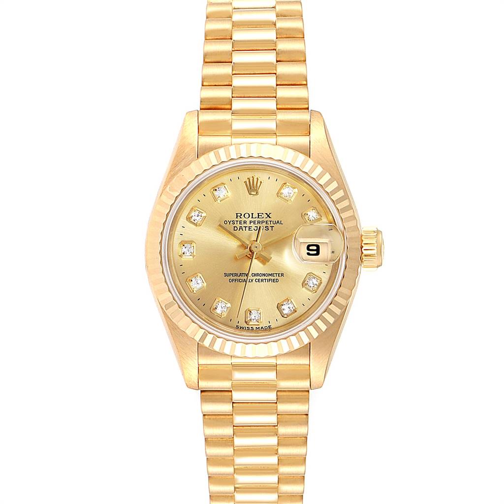 This image shows a Rolex President 69178 Women
s Yellow Gold Champagne Dial 69178 Women
s Yellow Gold Champagne Dial model watch from a top-down angle, highlighting the face, bezel, crown, and bracelet.