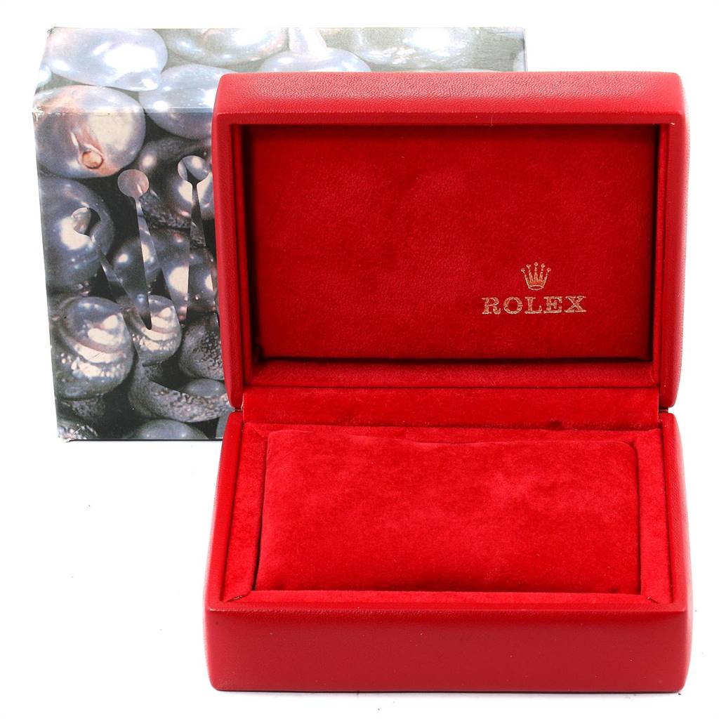 This image shows an open red Rolex watch box with the lid open, revealing the interior for a Rolex President 69178 Women
s Yellow Gold Champagne Dial 69178 Women
s Yellow Gold Champagne Dial model watch.