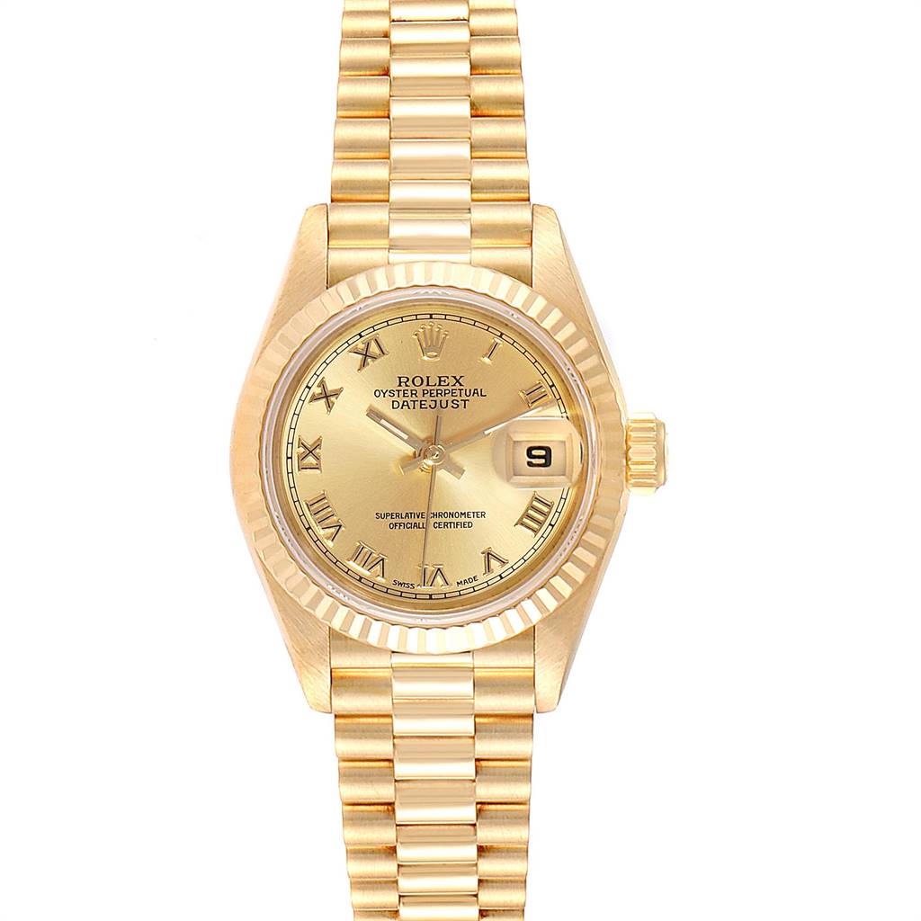 The image shows a frontal view of a Rolex President 69178 Women
s Yellow Gold Champagne Dial 69178 Women
s Yellow Gold Champagne Dial model watch, displaying the face, bezel, and bracelet.