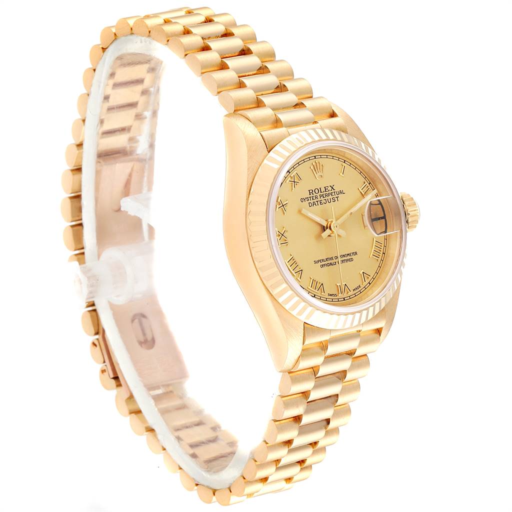 The image shows a Rolex President 69178 Women
s Yellow Gold Champagne Dial 69178 Women
s Yellow Gold Champagne Dial model watch from a slight side angle, highlighting the bracelet, dial, and bezel.