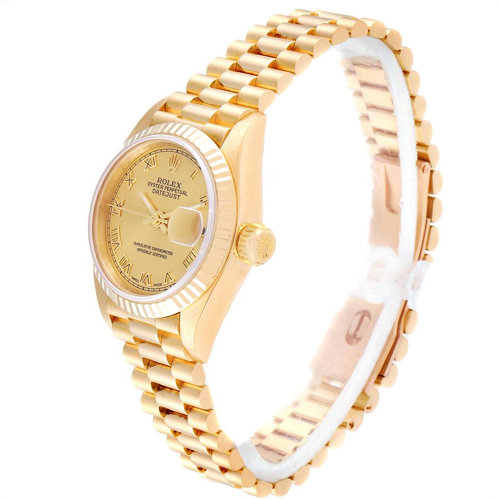 The image shows a side view of the Rolex President 69178 Women
s Yellow Gold Champagne Dial 69178 Women
s Yellow Gold Champagne Dial model watch, highlighting the gold band, face, bezel, and crown.