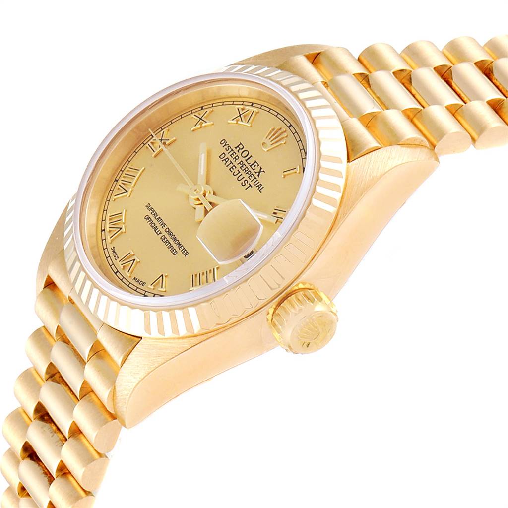 The image shows the Rolex President 69178 Women
s Yellow Gold Champagne Dial 69178 Women
s Yellow Gold Champagne Dial model watch from a side angle, highlighting the bezel, dial, crown, and part of the bracelet.