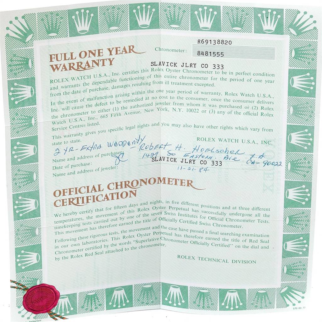 This image shows the full one-year warranty and official chronometer certification for a Rolex President 69138 Women
s Yellow Gold Champagne Dial 69138 Women
s Yellow Gold Champagne Dial model watch.