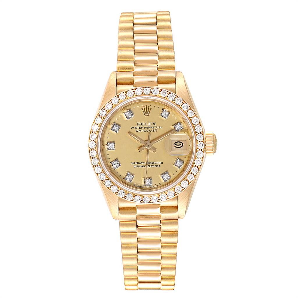The image shows a front view of a Rolex President 69138 Women
s Yellow Gold Champagne Dial 69138 Women
s Yellow Gold Champagne Dial model watch, highlighting its gold bracelet, diamond-set bezel, and champagne dial.