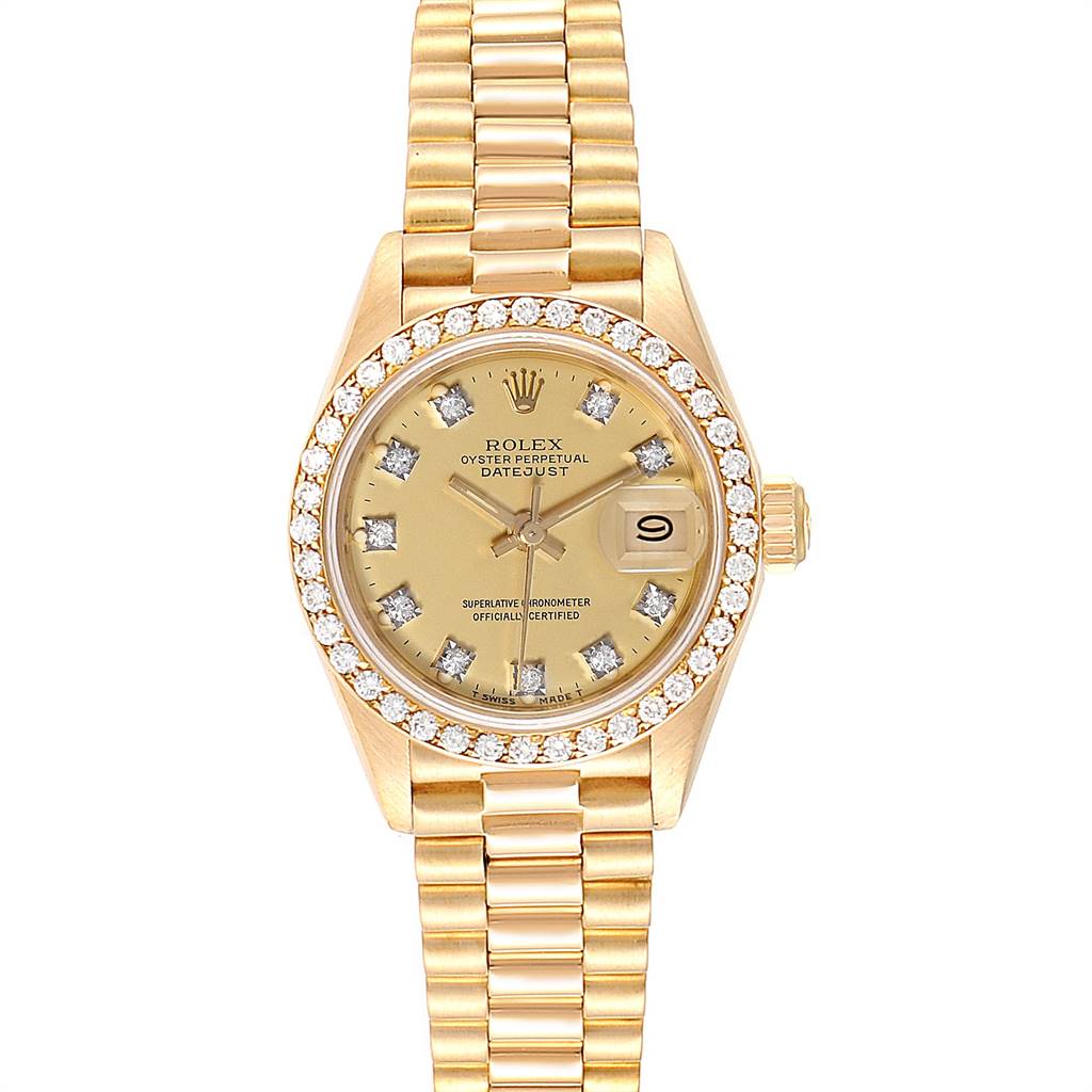 The image shows a Rolex President 69138 Women
s Yellow Gold Champagne Dial 69138 Women
s Yellow Gold Champagne Dial model watch with a gold bracelet and diamond-set bezel, viewed from the front.
