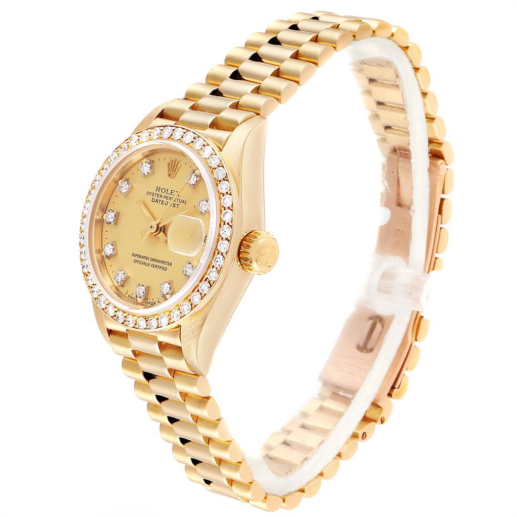 The Rolex President 69138 Women
s Yellow Gold Champagne Dial 69138 Women
s Yellow Gold Champagne Dial model is shown at a three-quarter angle, highlighting the bracelet, dial, bezel, and crown.