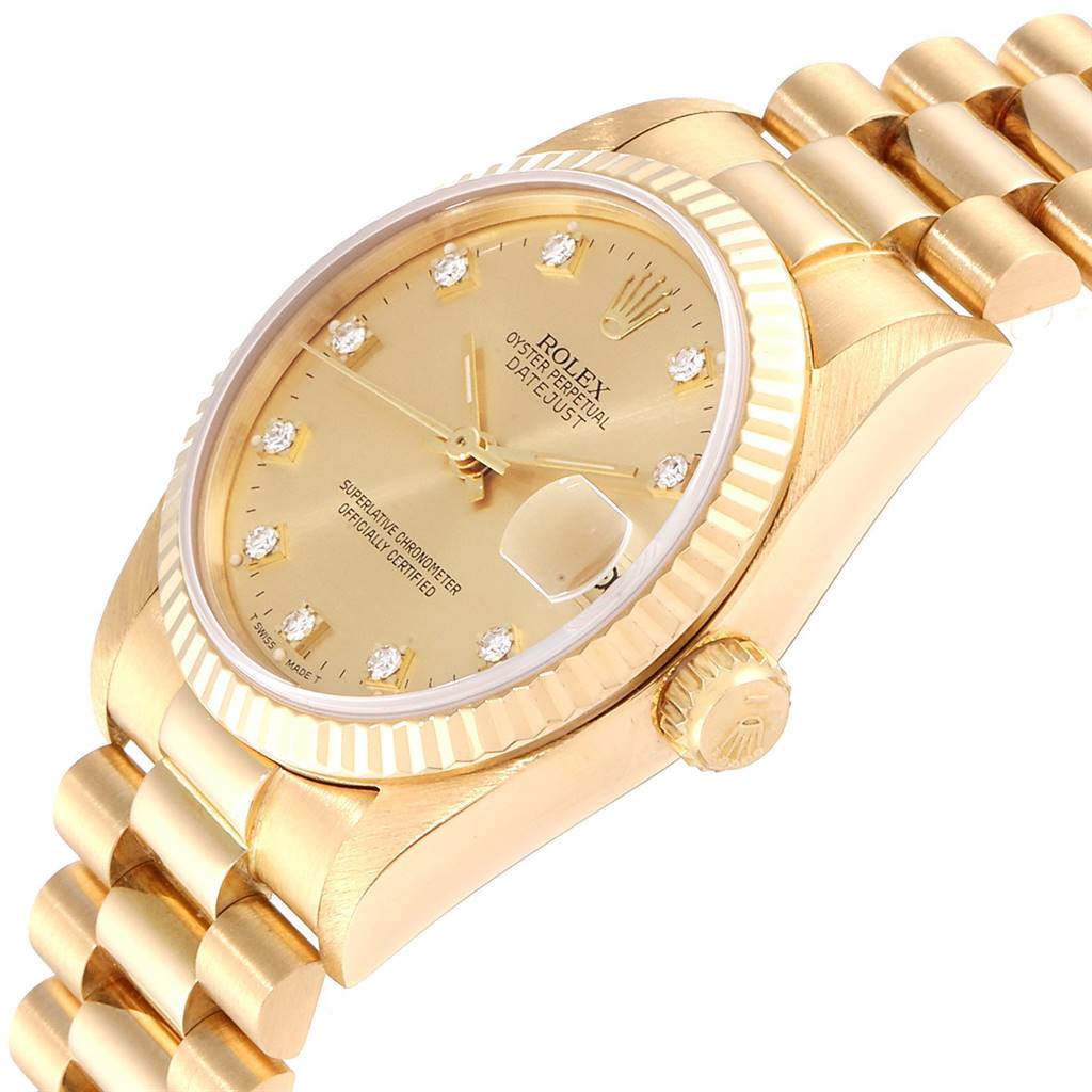 The image shows a side-angle view of a Rolex President 68278 Women
s Yellow Gold Champagne Dial 68278 Women
s Yellow Gold Champagne Dial model, featuring the dial, crown, and bracelet details.
