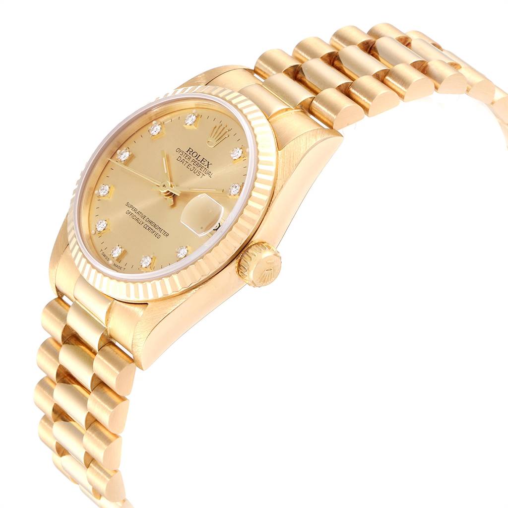 The Rolex President 68278 Women
s Yellow Gold Champagne Dial 68278 Women
s Yellow Gold Champagne Dial model watch is shown at a side angle, highlighting its gold case, crown, bezel, and bracelet.