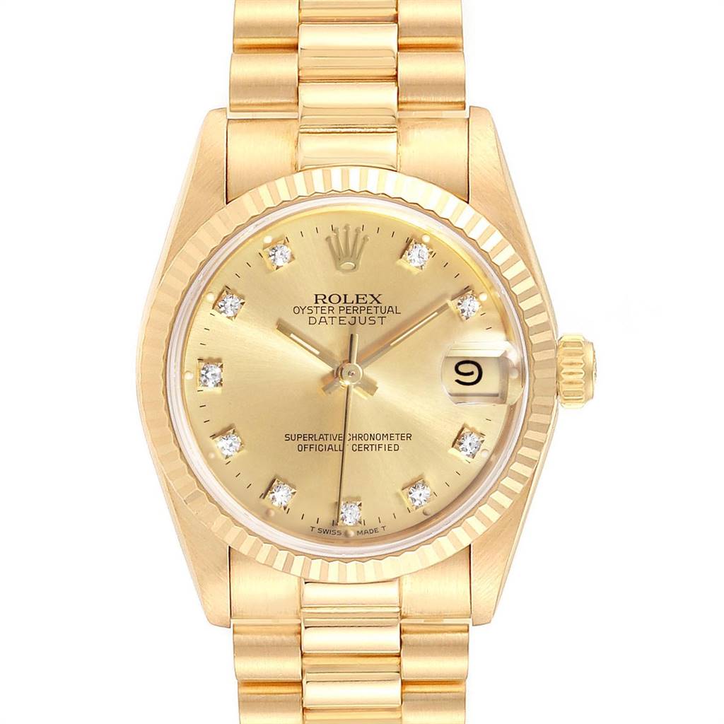 The image shows a front view of a Rolex President 68278 Women
s Yellow Gold Champagne Dial 68278 Women
s Yellow Gold Champagne Dial model watch featuring a gold dial, diamond hour markers, and a gold bracelet.