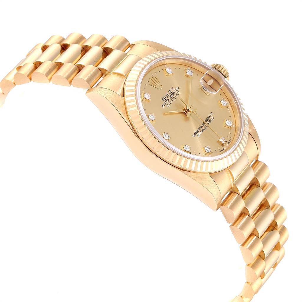 The image shows a side view of a Rolex President 68278 Women
s Yellow Gold Champagne Dial 68278 Women
s Yellow Gold Champagne Dial model watch, highlighting its gold case, band, and dial with diamond hour markers.