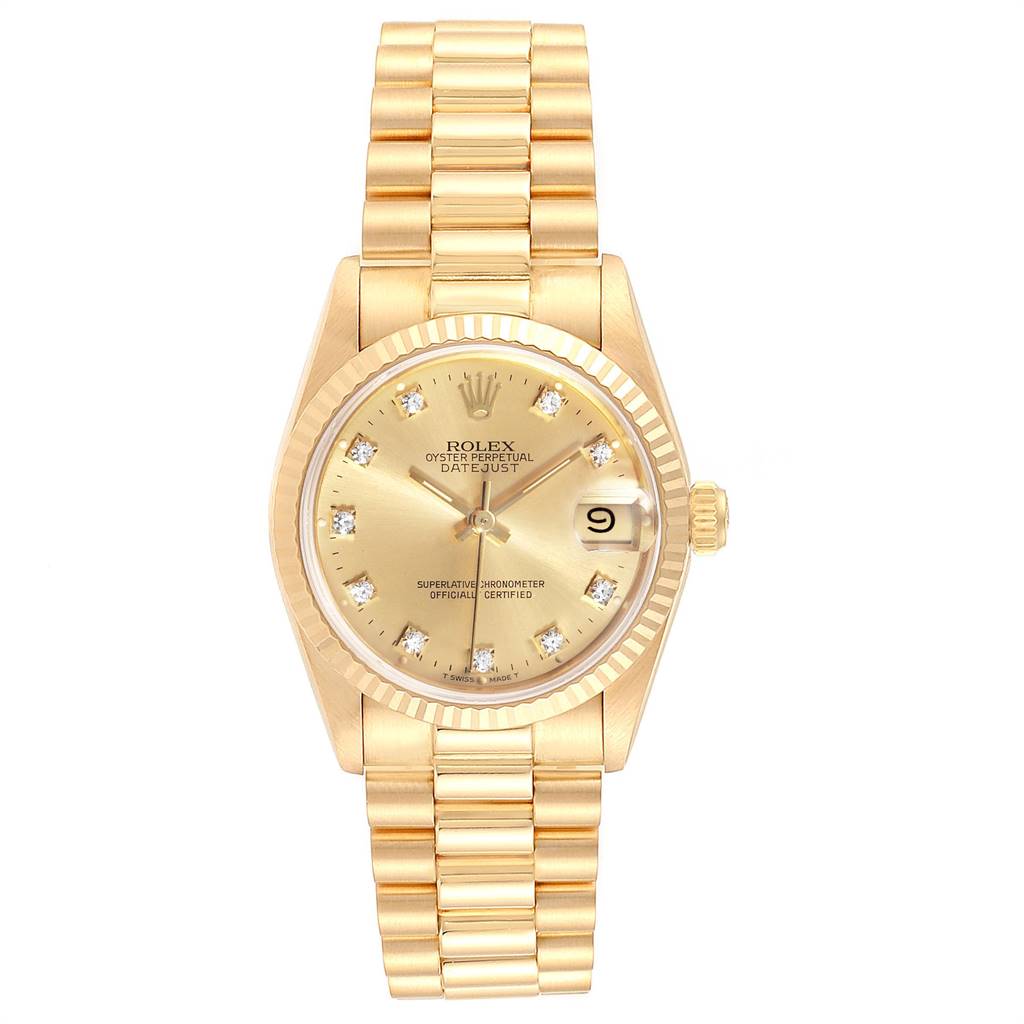 This image shows a Rolex President 68278 Women
s Yellow Gold Champagne Dial 68278 Women
s Yellow Gold Champagne Dial model watch, featuring a full frontal view of its gold case, fluted bezel, dial, and bracelet.