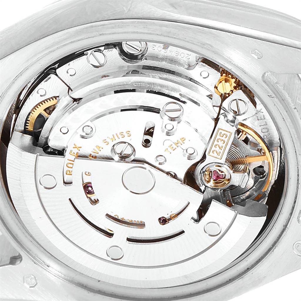 This image shows a close-up view of the movement and internal mechanisms of a Rolex President 179369 Women's White Gold Blue Dial 179369 Women's White Gold Blue Dial model watch.