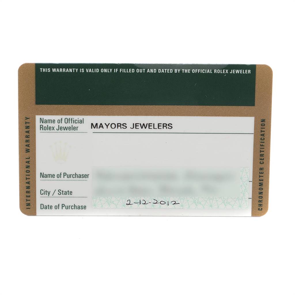 The image shows an official warranty card for a Rolex President 179369 Women's White Gold Blue Dial 179369 Women's White Gold Blue Dial model watch, filled out by Mayors Jewelers.