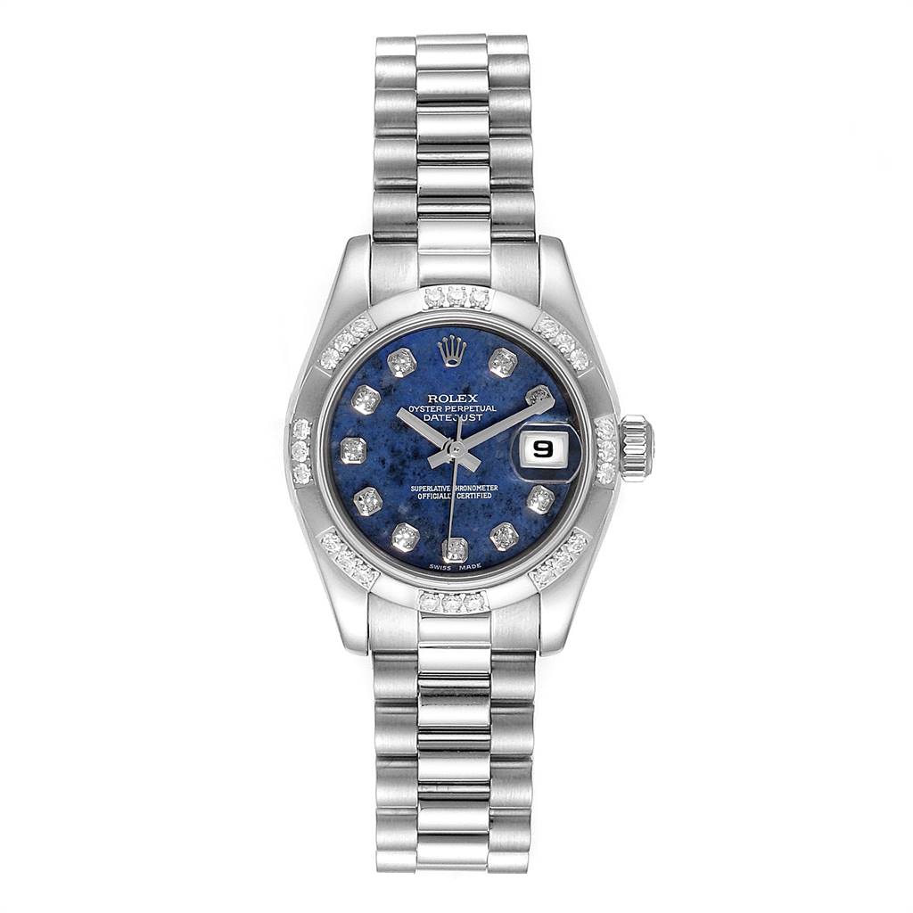 The image shows a Rolex President 179369 Women's White Gold Blue Dial 179369 Women's White Gold Blue Dial model watch from a top-down angle, displaying the dial, bezel, bracelet, and date window.