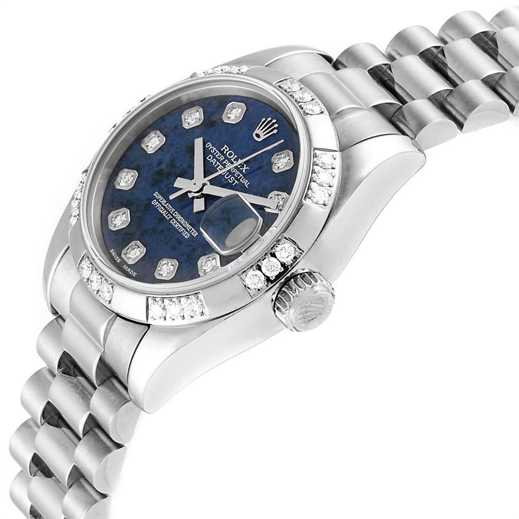 The Rolex President 179369 Women's White Gold Blue Dial 179369 Women's White Gold Blue Dial model watch is shown at a three-quarter angle, highlighting its dial, bezel, and partially the bracelet.