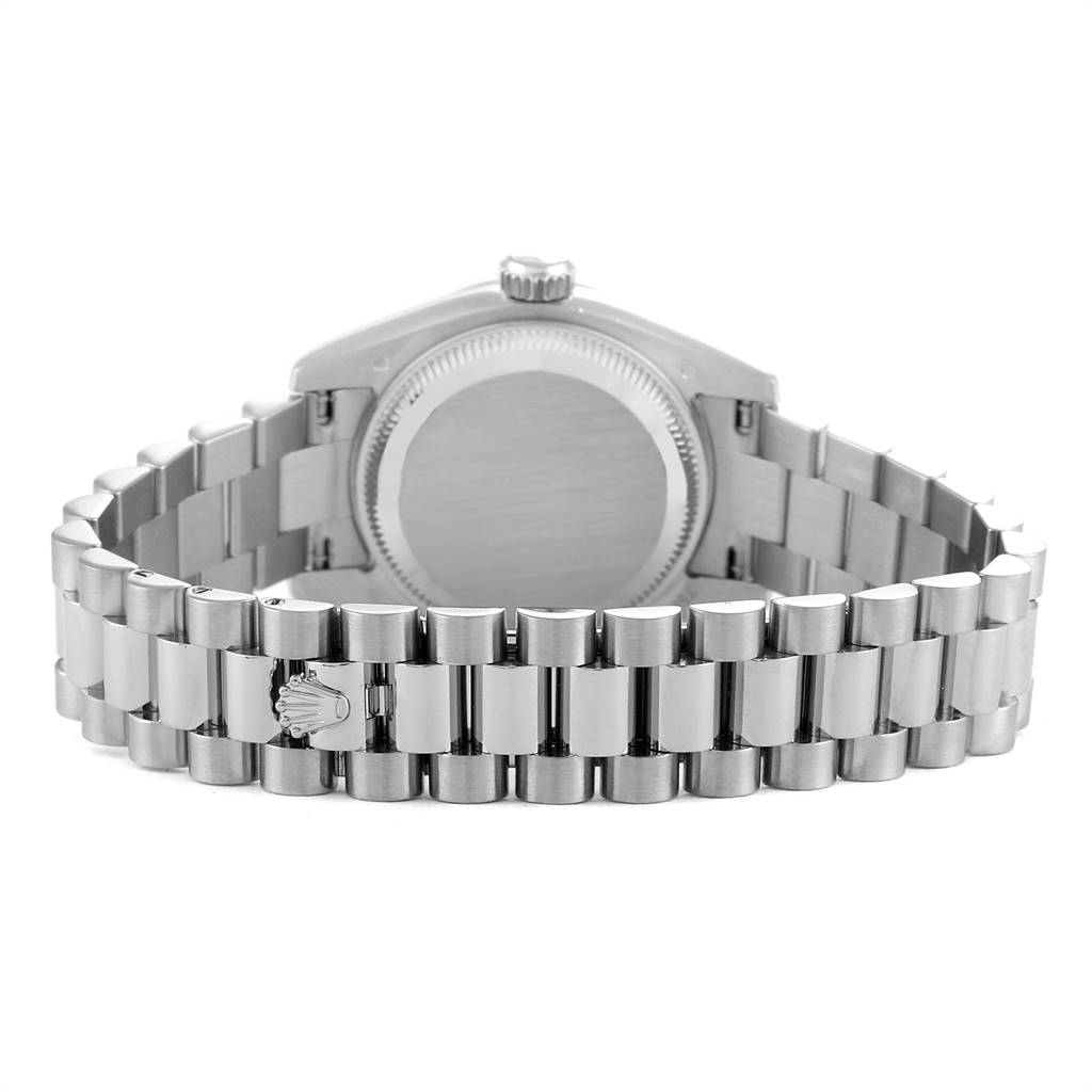 The image shows the back case and bracelet of a Rolex President 179369 Women's White Gold Blue Dial 179369 Women's White Gold Blue Dial model watch from a rear angle.