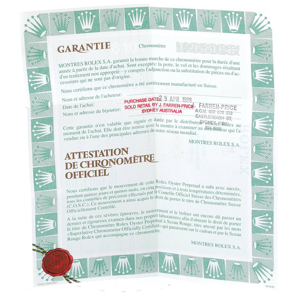 This is the official guarantee document for a Rolex President 69138 Women
s Yellow Gold Champagne Dial 69138 Women
s Yellow Gold Champagne Dial model watch.