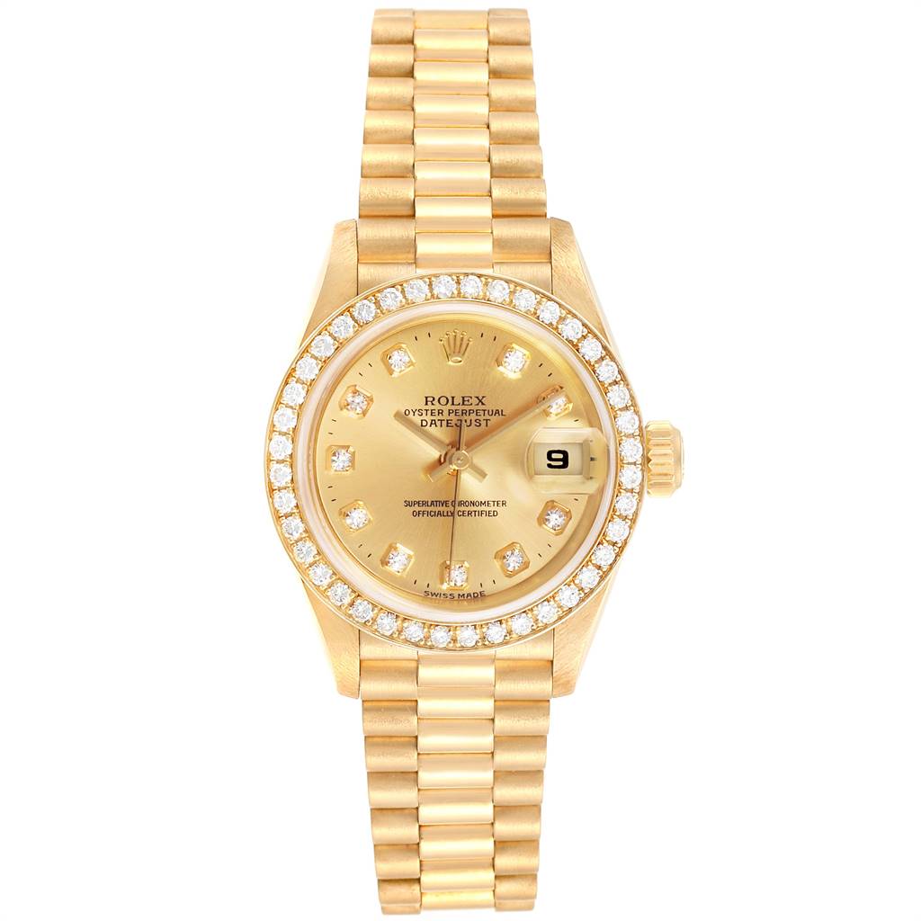 This image shows a front view of the Rolex President 69138 Women
s Yellow Gold Champagne Dial 69138 Women
s Yellow Gold Champagne Dial model watch, featuring a gold bracelet and diamond-studded bezel.