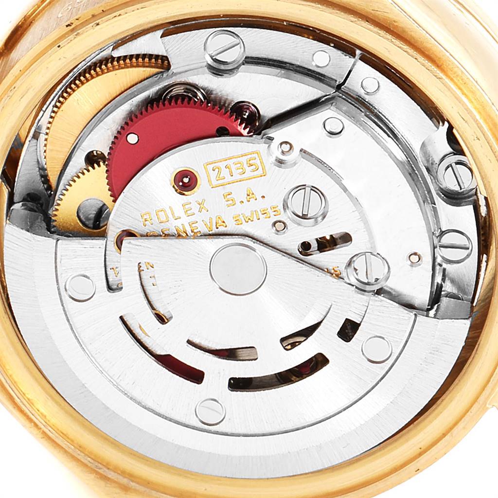 This image shows the movement mechanism of a Rolex President 69068 Women
s Yellow Gold Mother of Pearl Dial 69068 Women
s Yellow Gold Mother of Pearl Dial model watch, viewed from the back.
