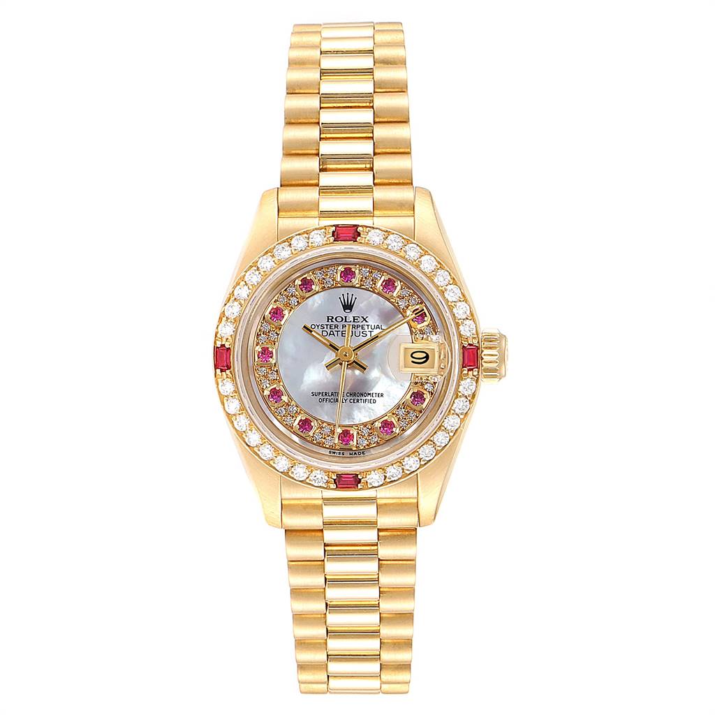 The Rolex President 69068 Women
s Yellow Gold Mother of Pearl Dial 69068 Women
s Yellow Gold Mother of Pearl Dial model watch is shown from a top-down angle, displaying the face, bezel, and bracelet prominently.