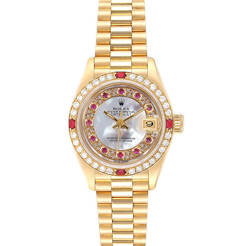 Rolex President Yellow Gold Myriad Diamonds Rubies Ladies Watch 69068 SwissWatchExpo