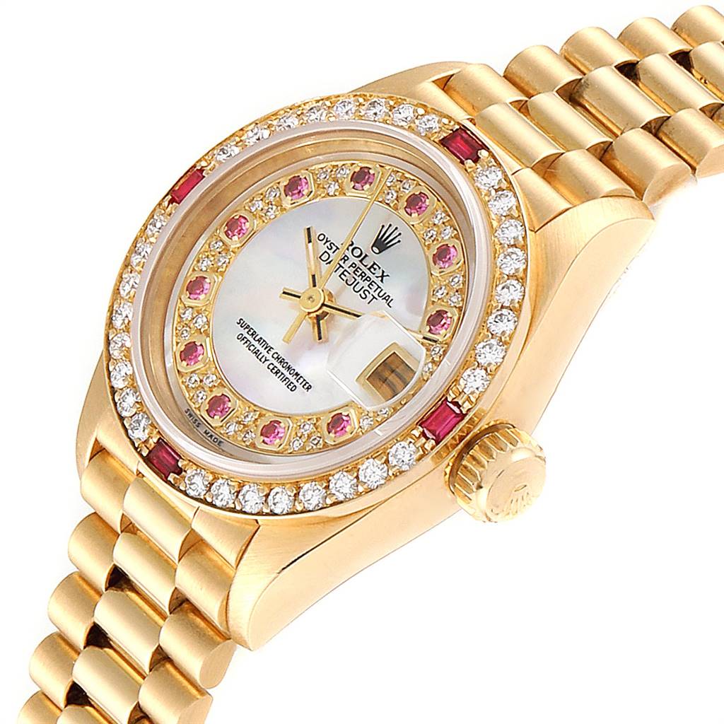 The image shows a close-up angle of a Rolex President 69068 Women
s Yellow Gold Mother of Pearl Dial 69068 Women
s Yellow Gold Mother of Pearl Dial model watch focusing on the face, bezel, and part of the bracelet.