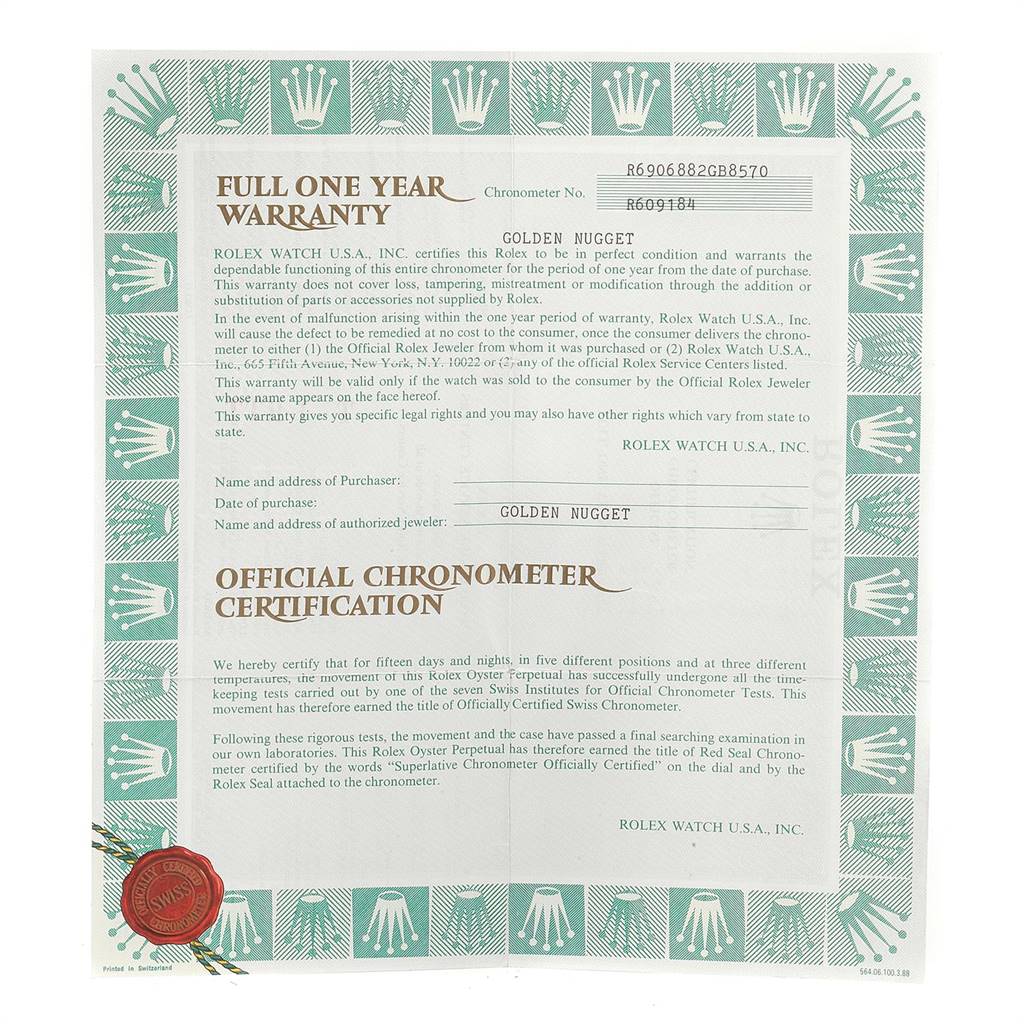 This image shows the official chronometer certification and full one-year warranty for the Rolex President 69068 Women
s Yellow Gold Mother of Pearl Dial 69068 Women
s Yellow Gold Mother of Pearl Dial model.