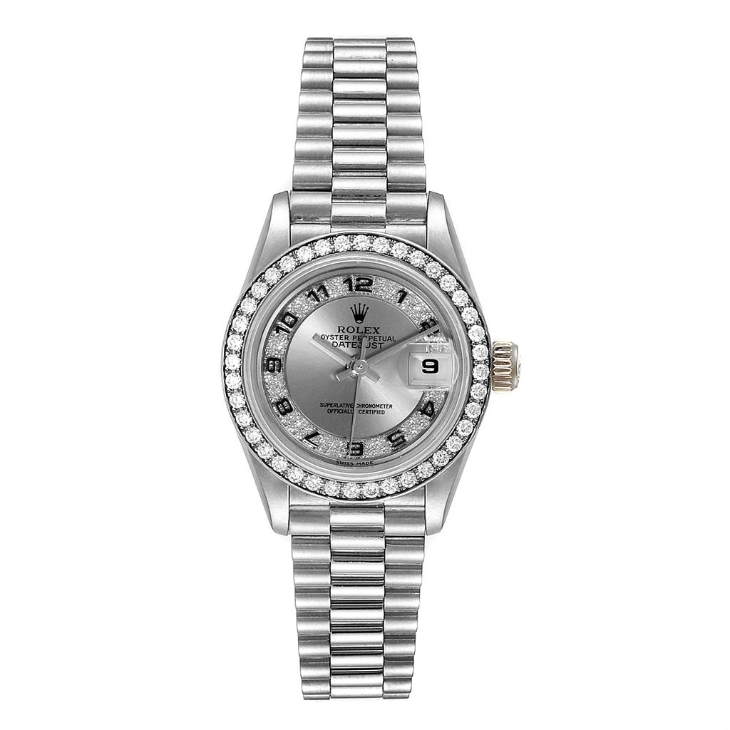 This Rolex President 69179 Women's White Gold Silver Dial 69179 Women's White Gold Silver Dial model watch is shown from a front angle, displaying the dial, bezel, bracelet, and date.