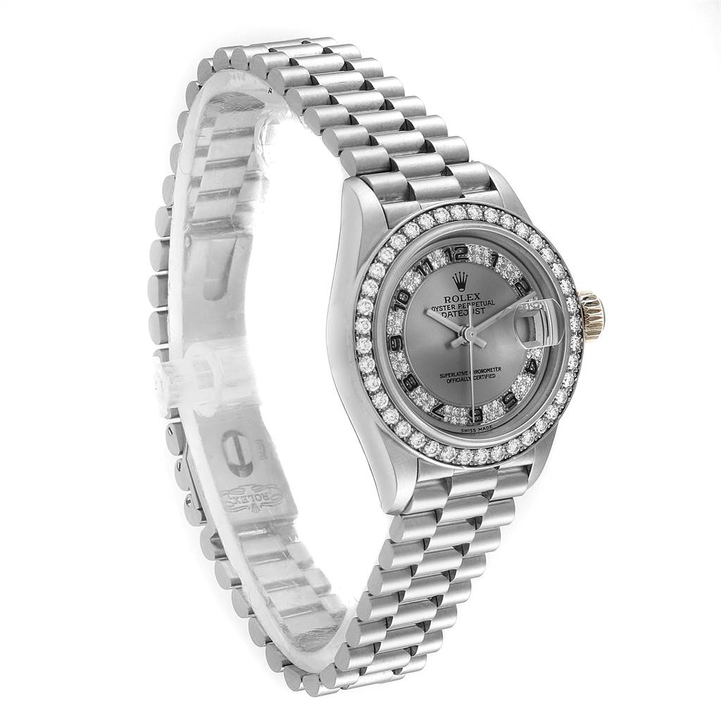 The image shows a Rolex President 69179 Women's White Gold Silver Dial 69179 Women's White Gold Silver Dial model watch at a slight angle, displaying the bracelet, face, bezel, and crown clearly.