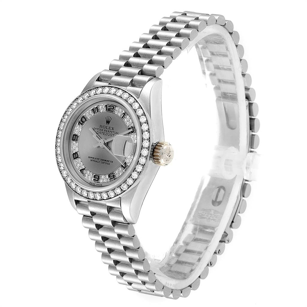 The Rolex President 69179 Women's White Gold Silver Dial 69179 Women's White Gold Silver Dial model watch is shown at an angle displaying the watch face, bezel, bracelet, and crown.