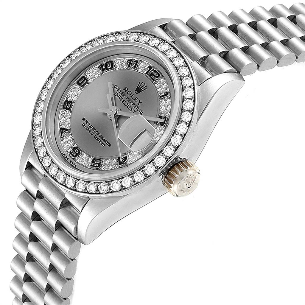 The image shows the dial, bezel, and bracelet of a Rolex President 69179 Women's White Gold Silver Dial 69179 Women's White Gold Silver Dial model watch at an angled view.