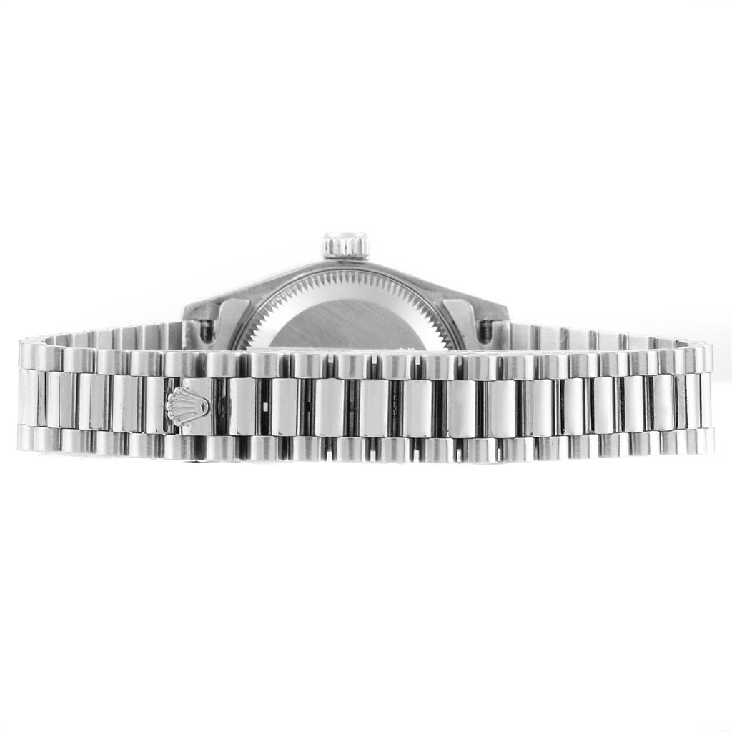 This image shows the back and bracelet of a Rolex President 69179 Women's White Gold Silver Dial 69179 Women's White Gold Silver Dial model watch from a rear angle.