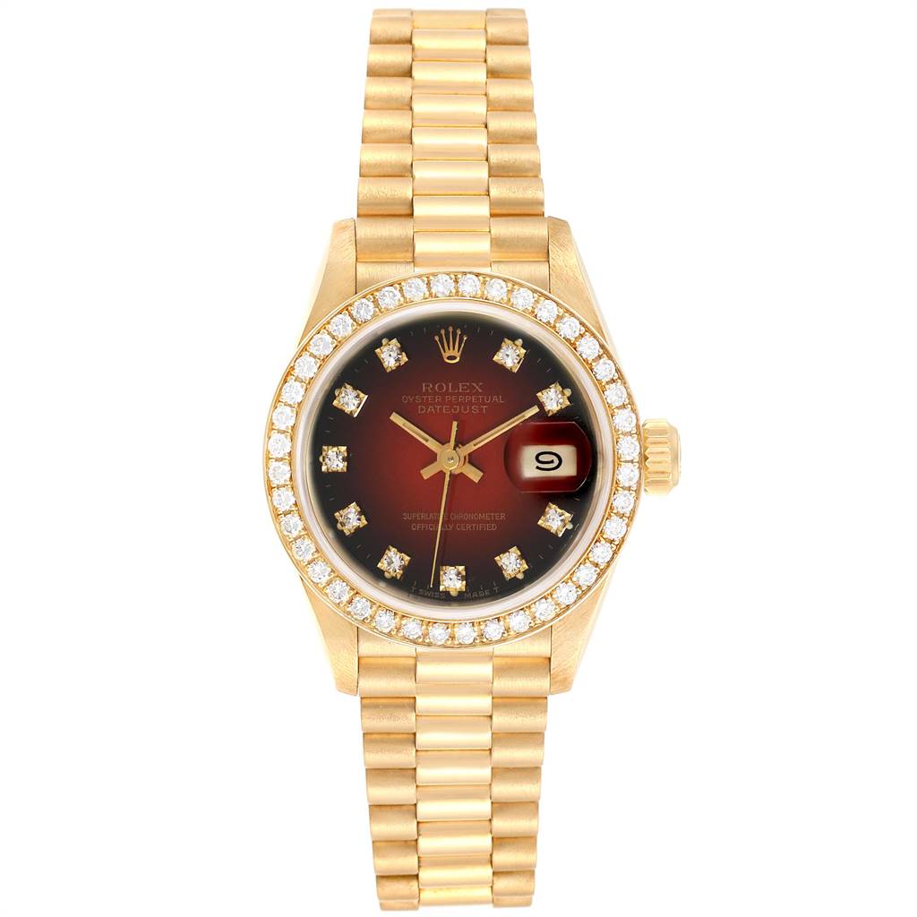 The image shows a Rolex President 69138 Yellow Gold Red Dial 69138 Yellow Gold Red Dial model watch viewed from the front, displaying the dial, bezel, and bracelet.