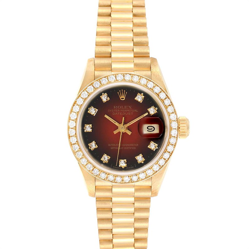 Rolex President Yellow Gold Red Vignette Diamond Ladies Watch 69138 SwissWatchExpo