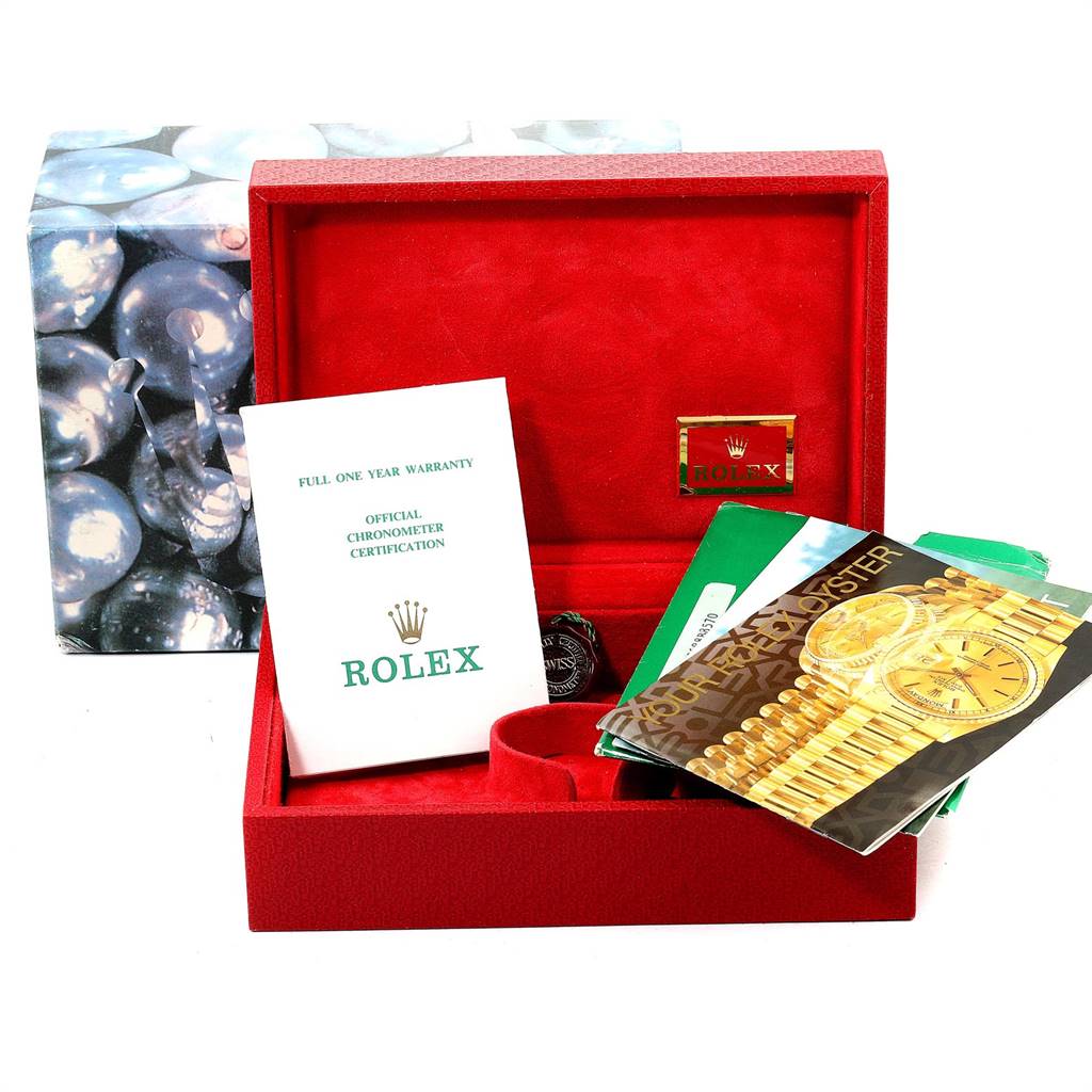 The image shows a Rolex President 69068 Women's Yellow Gold Champagne Dial 69068 Women's Yellow Gold Champagne Dial model watch box, warranty card, and booklets from a frontal angle.