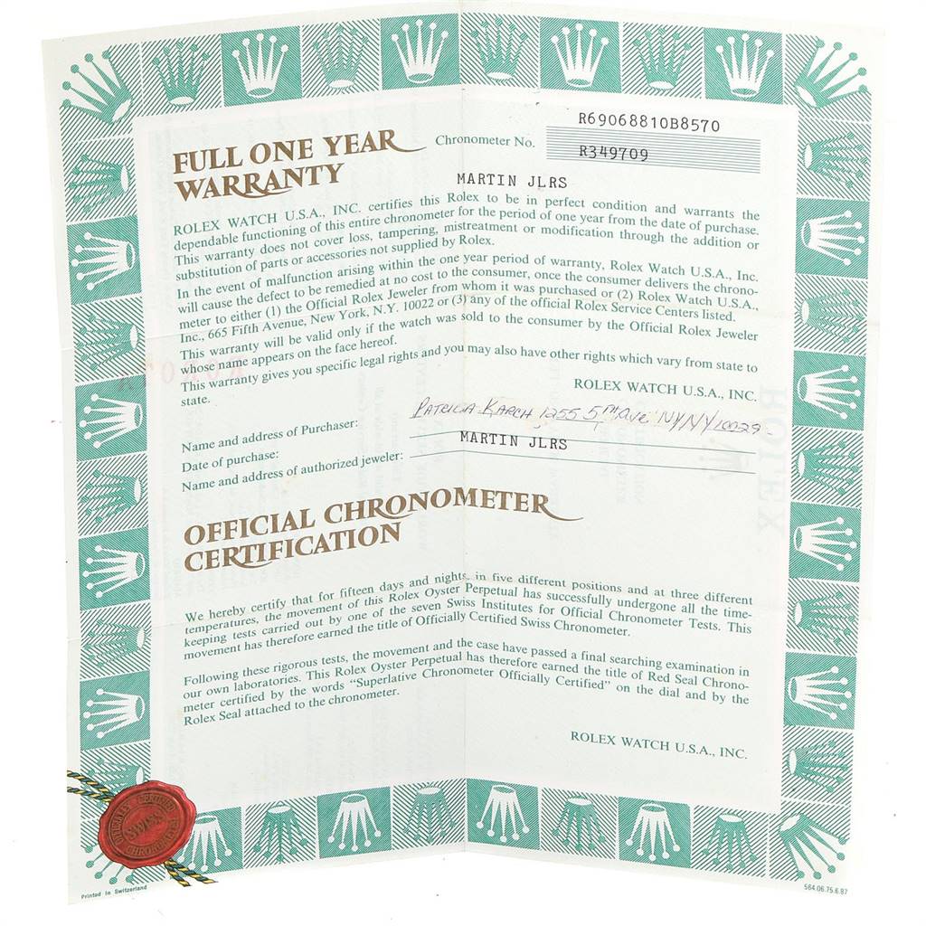 The image shows the warranty and certification documents for a Rolex President 69068 Women's Yellow Gold Champagne Dial 69068 Women's Yellow Gold Champagne Dial model watch.