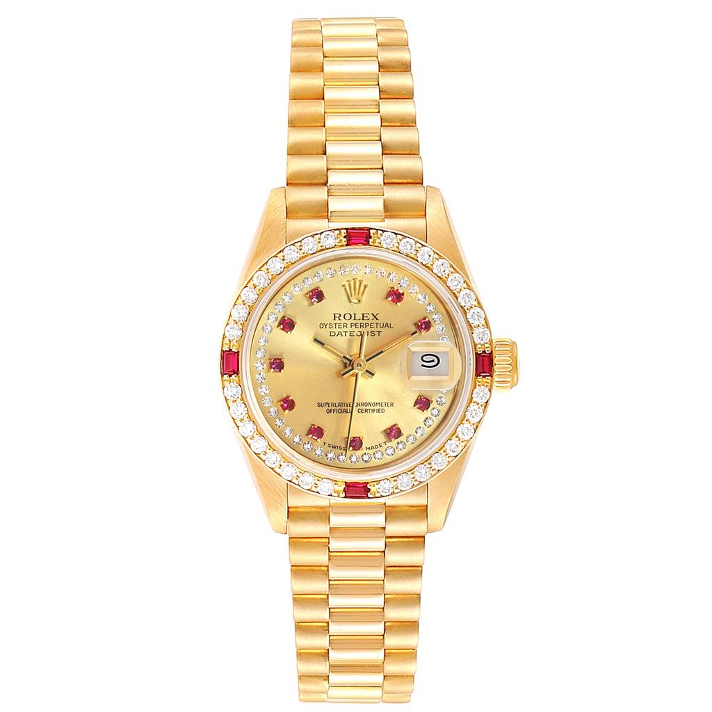 The image shows a front view of a Rolex President 69068 Women's Yellow Gold Champagne Dial 69068 Women's Yellow Gold Champagne Dial model watch, highlighting its gold case, bracelet, and jeweled bezel.