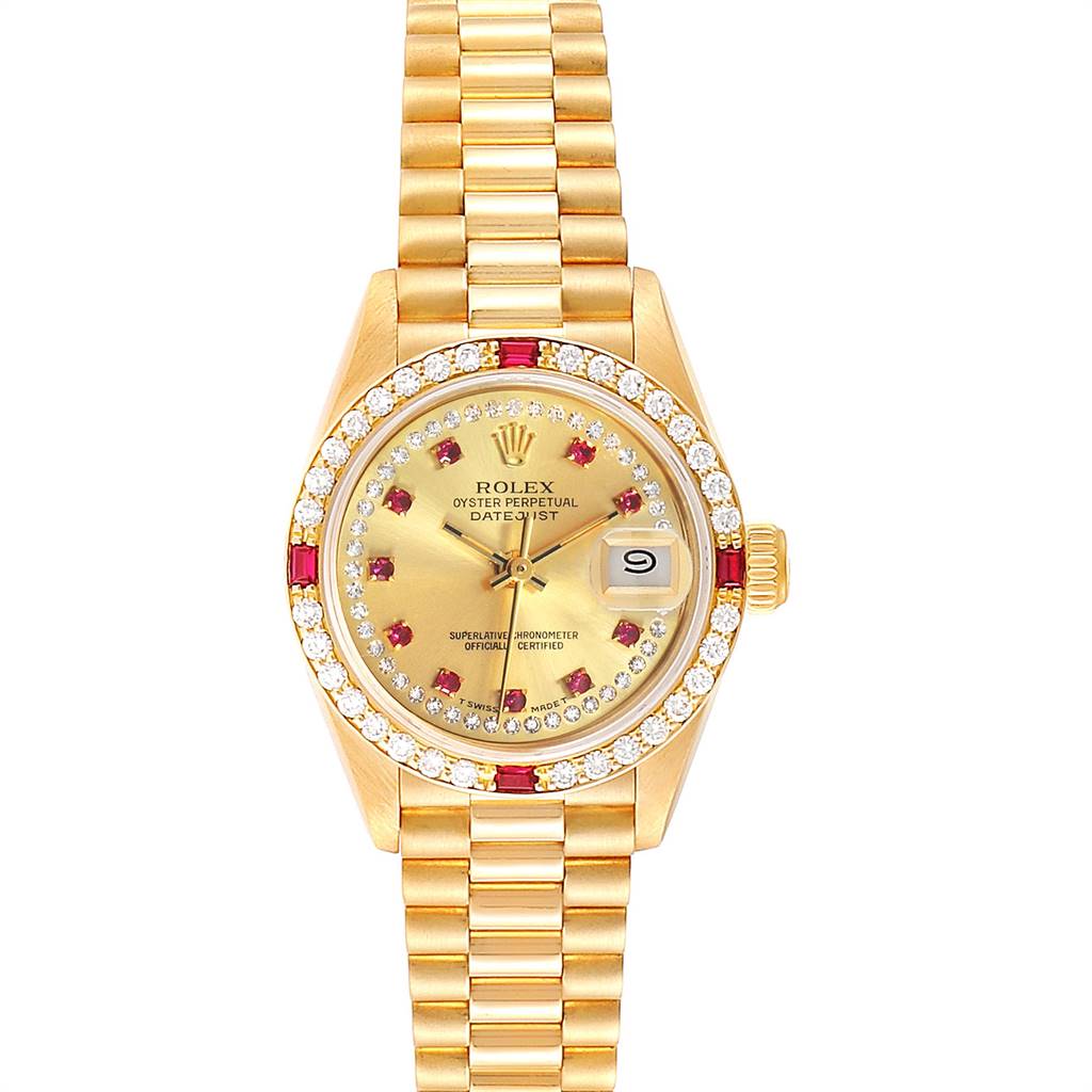 The image shows a Rolex President 69068 Women's Yellow Gold Champagne Dial 69068 Women's Yellow Gold Champagne Dial model watch from a front angle, highlighting its gold bracelet, diamond bezel, and date display.