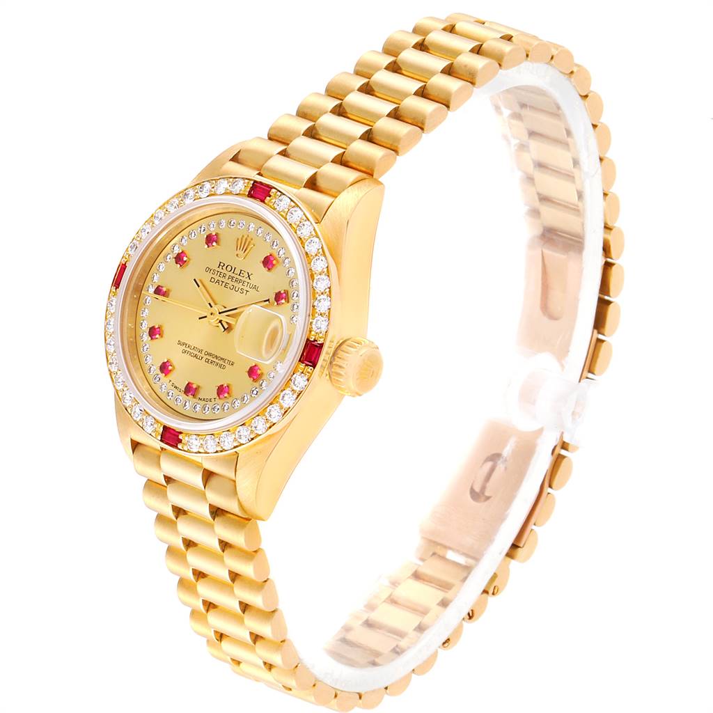 The Rolex President 69068 Women's Yellow Gold Champagne Dial 69068 Women's Yellow Gold Champagne Dial model watch is shown at a three-quarter angle, displaying its face, bezel, crown, and bracelet.