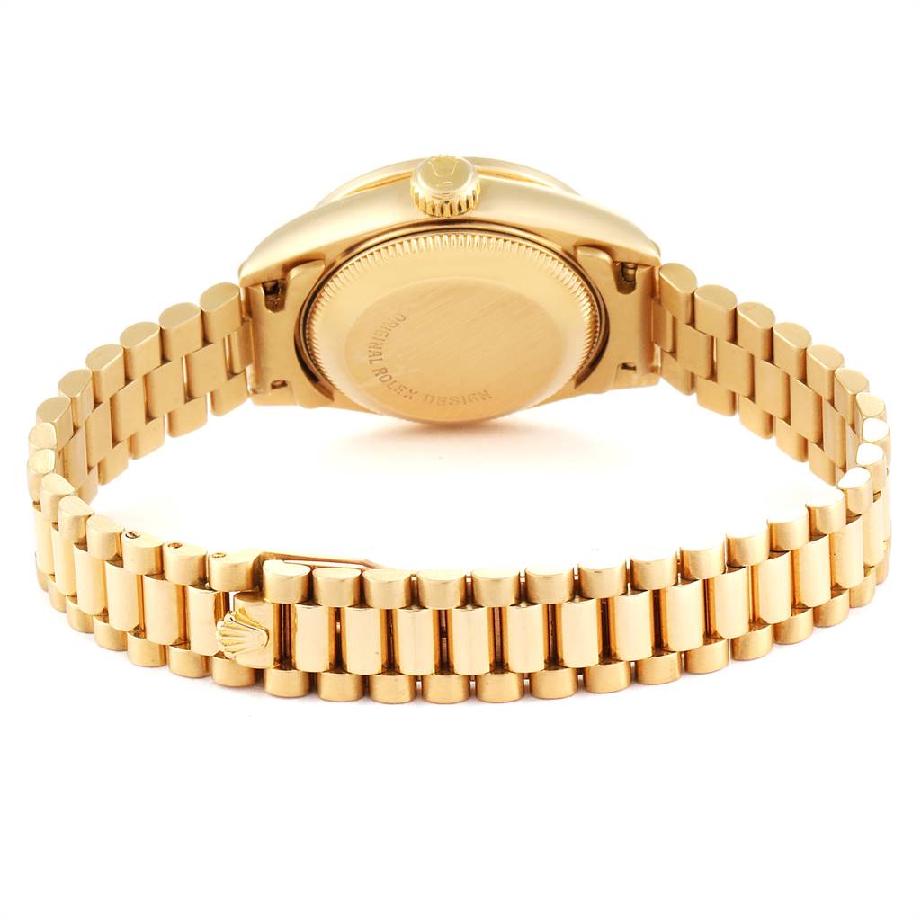 This image shows the back case and bracelet of the Rolex President 69068 Women's Yellow Gold Champagne Dial 69068 Women's Yellow Gold Champagne Dial model watch, viewed from the rear.