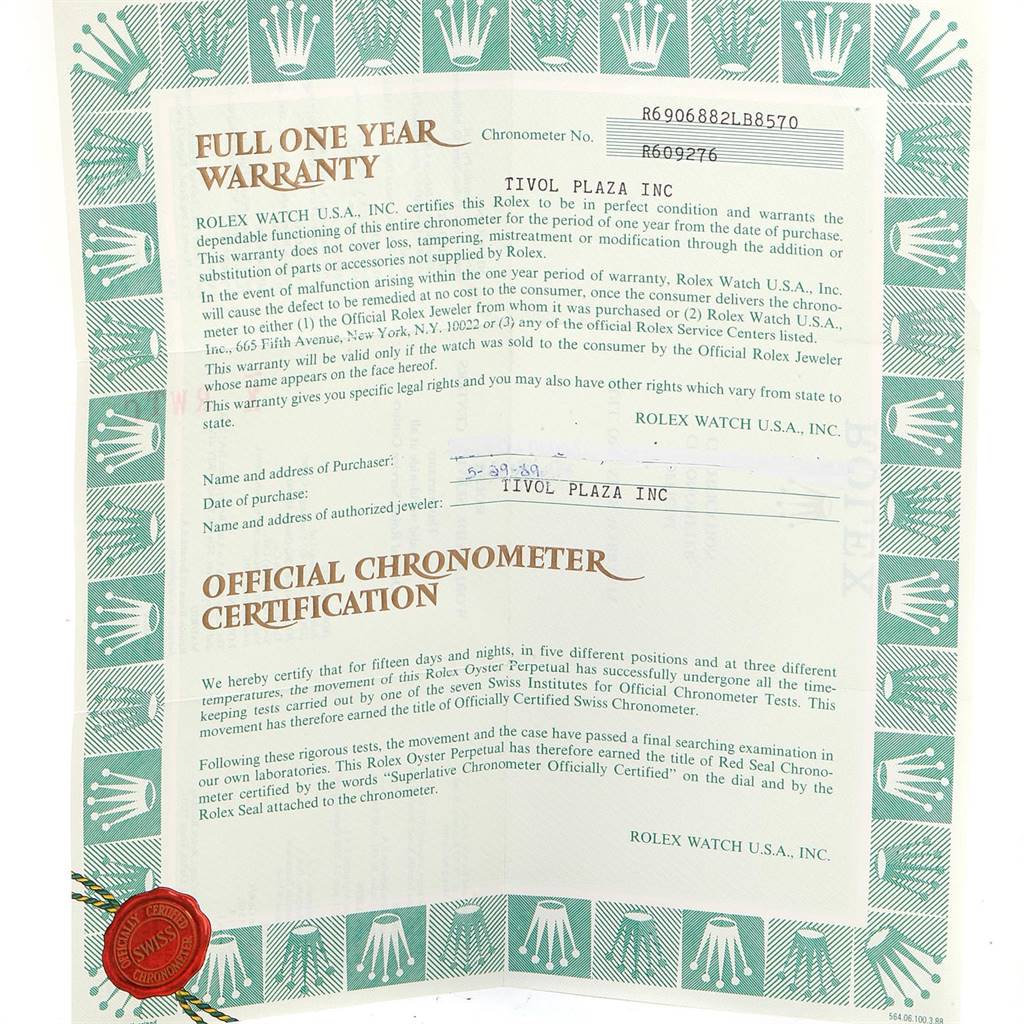 The image shows the warranty and chronometer certification for a Rolex President 69068 Women's Yellow Gold Champagne Dial 69068 Women's Yellow Gold Champagne Dial model watch.