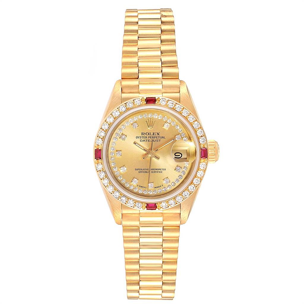 The image shows a Rolex President 69068 Women's Yellow Gold Champagne Dial 69068 Women's Yellow Gold Champagne Dial model watch from a top-down angle, displaying the face, bezel, and full bracelet.