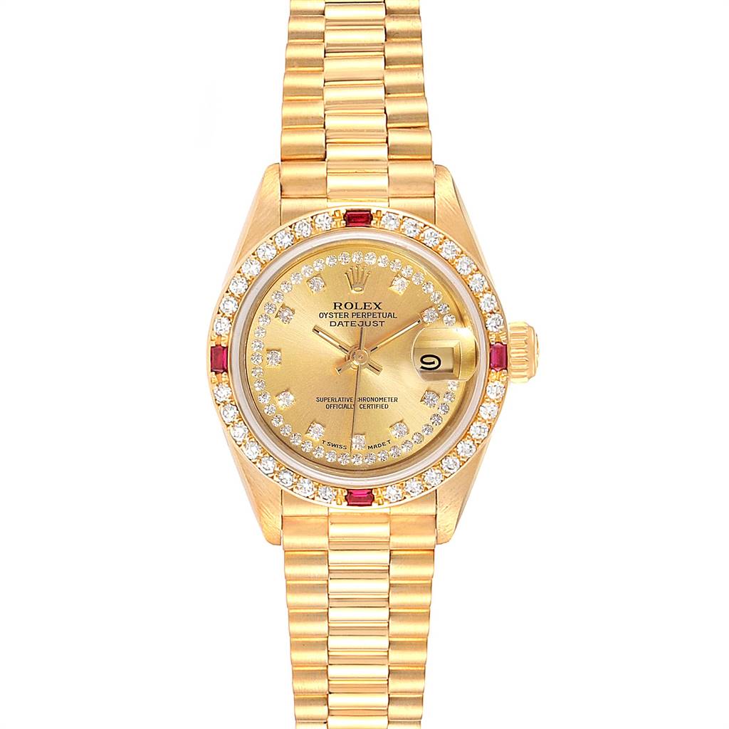 The image shows a front view of a Rolex President 69068 Women's Yellow Gold Champagne Dial 69068 Women's Yellow Gold Champagne Dial model watch, displaying its gold band, diamond bezel, and date function.