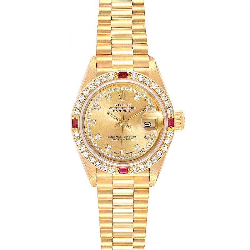 Rolex President Yellow Gold String Dial Diamond Ruby Ladies Watch 69068 SwissWatchExpo